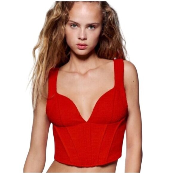 Zara Red Corset Textured Crop Top - Picture 2 of 8